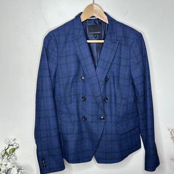 BANANA REPUBLIC Double Breasted Plaid Blazer Blue Indigo Wool Blend Sz 6 {3X15} - Picture 3 of 7